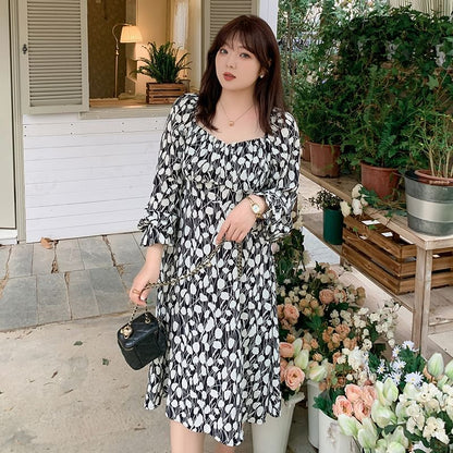 Plus Size Long Sleeve Square Neck Leaf Print Midi A-Line Dress