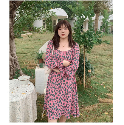 Plus Size Long Sleeve Square Neck Leaf Print Midi A-Line Dress