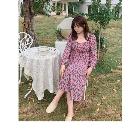 Plus Size Long Sleeve Square Neck Leaf Print Midi A-Line Dress