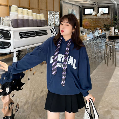 Plus Size Lettering Applique Necktie Hoodie