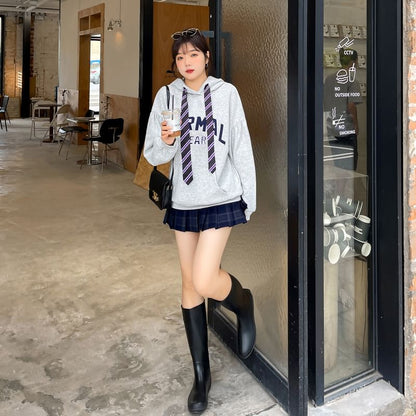 Plus Size Lettering Applique Necktie Hoodie