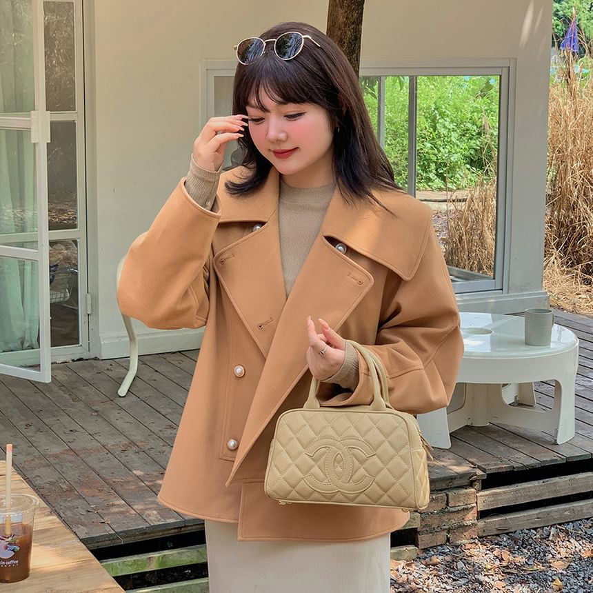 Plus Size Collared Plain Faux Pearl Button Double Breasted Jacket