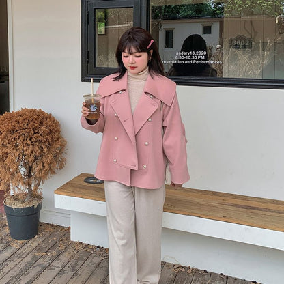 Plus Size Collared Plain Faux Pearl Button Double Breasted Jacket