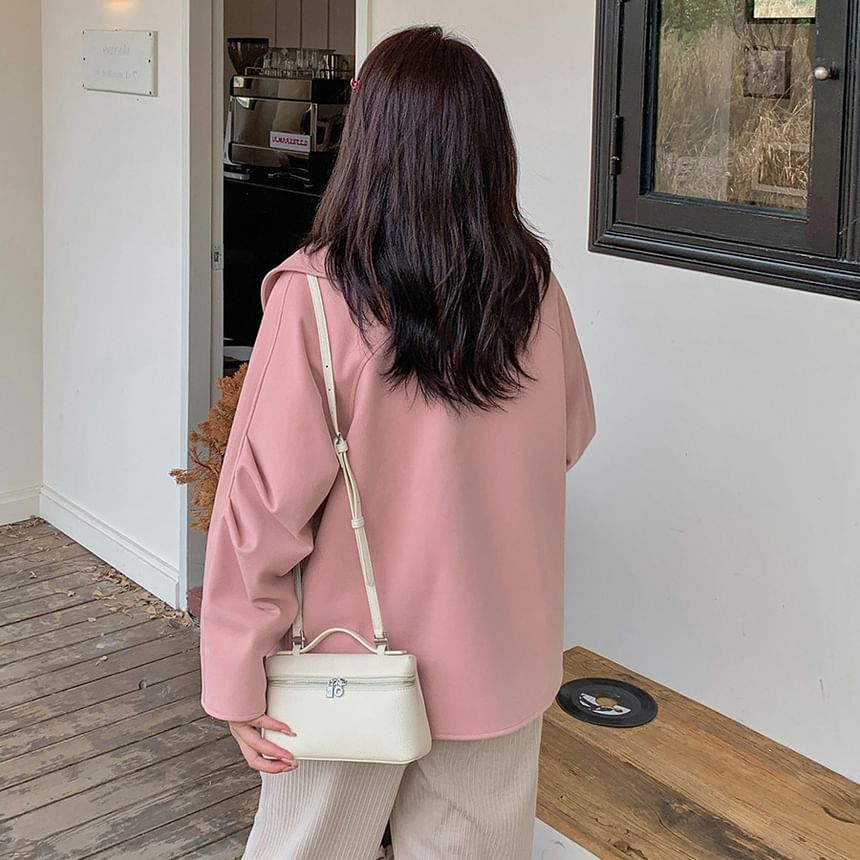 Plus Size Collared Plain Faux Pearl Button Double Breasted Jacket