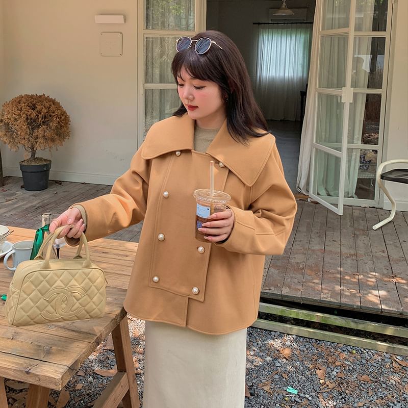 Plus Size Collared Plain Faux Pearl Button Double Breasted Jacket