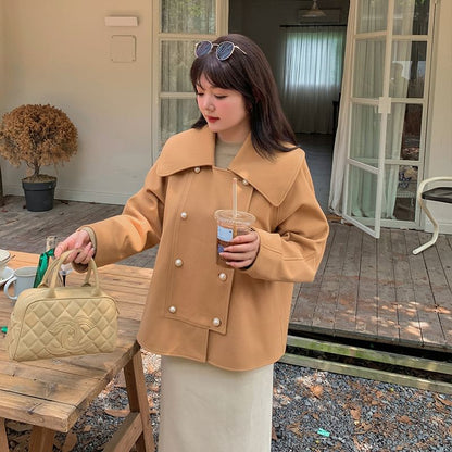 Plus Size Collared Plain Faux Pearl Button Double Breasted Jacket