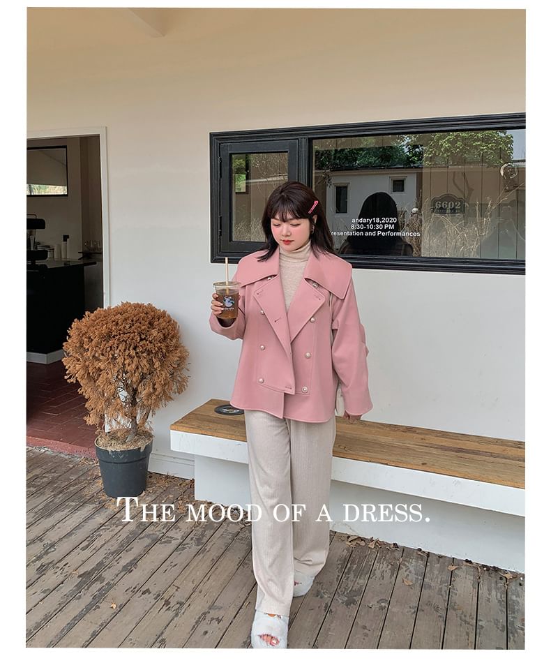 Plus Size Collared Plain Faux Pearl Button Double Breasted Jacket