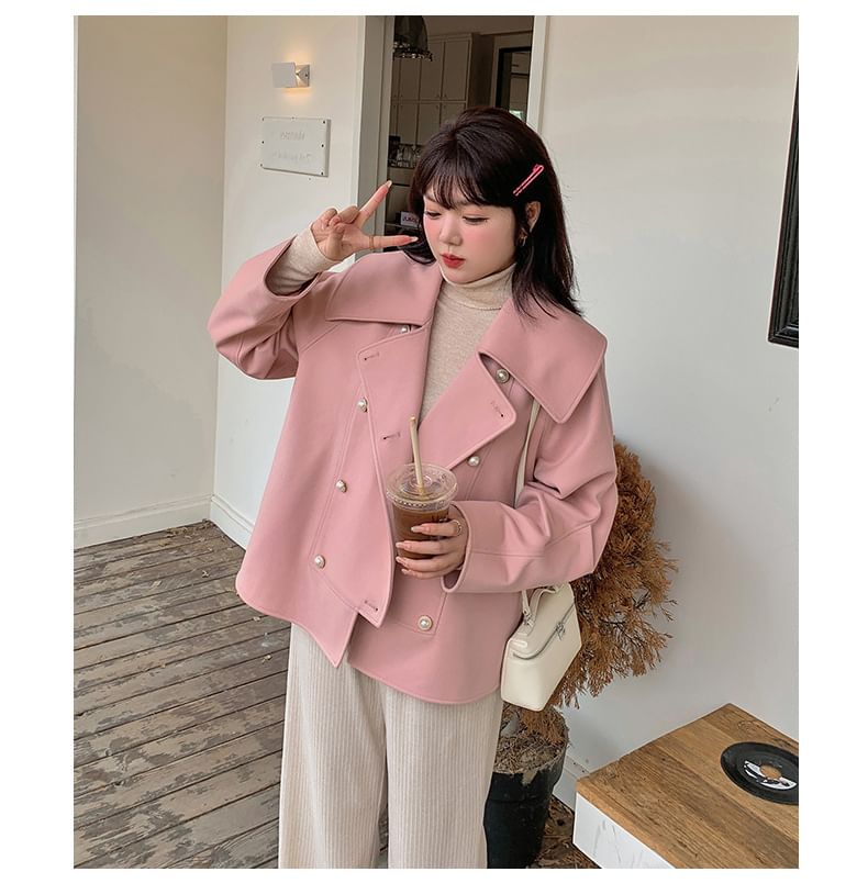 Plus Size Collared Plain Faux Pearl Button Double Breasted Jacket
