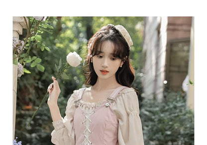 Long-Sleeve Square Neck Plain Frill Trim Midi A-Line Dress / Embroidered Lace-Up Slit Overall Dress / Set