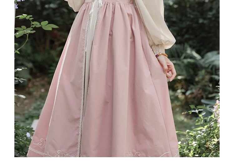 Long-Sleeve Square Neck Plain Frill Trim Midi A-Line Dress / Embroidered Lace-Up Slit Overall Dress / Set
