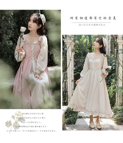 Long-Sleeve Square Neck Plain Frill Trim Midi A-Line Dress / Embroidered Lace-Up Slit Overall Dress / Set