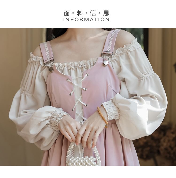 Long-Sleeve Square Neck Plain Frill Trim Midi A-Line Dress / Embroidered Lace-Up Slit Overall Dress / Set