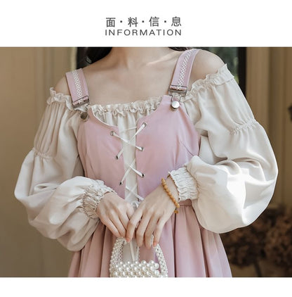 Long-Sleeve Square Neck Plain Frill Trim Midi A-Line Dress / Embroidered Lace-Up Slit Overall Dress / Set