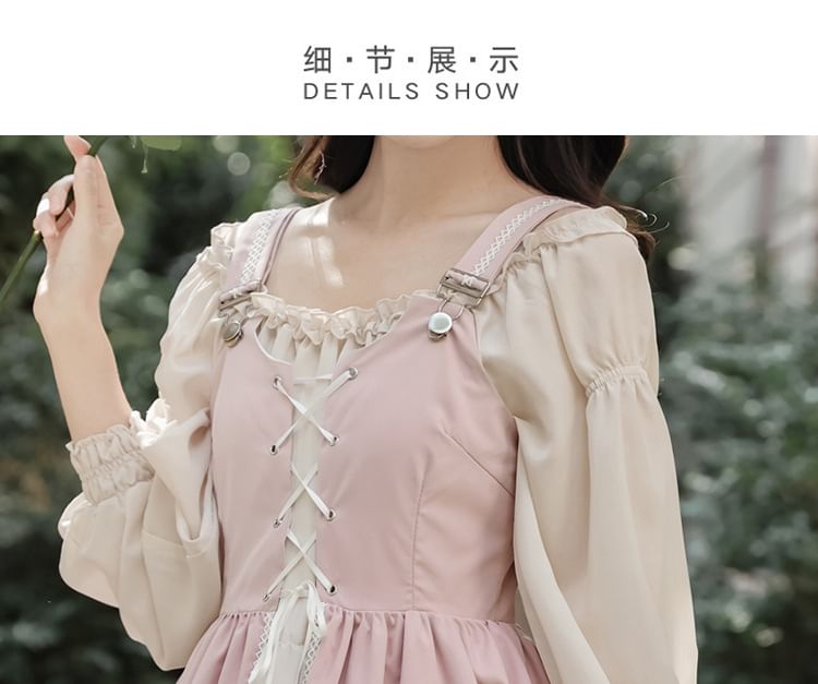 Long-Sleeve Square Neck Plain Frill Trim Midi A-Line Dress / Embroidered Lace-Up Slit Overall Dress / Set