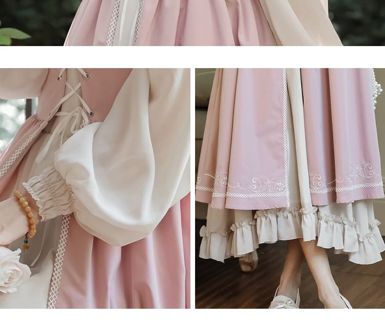 Long-Sleeve Square Neck Plain Frill Trim Midi A-Line Dress / Embroidered Lace-Up Slit Overall Dress / Set