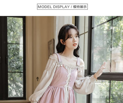 Long-Sleeve Square Neck Plain Frill Trim Midi A-Line Dress / Embroidered Lace-Up Slit Overall Dress / Set