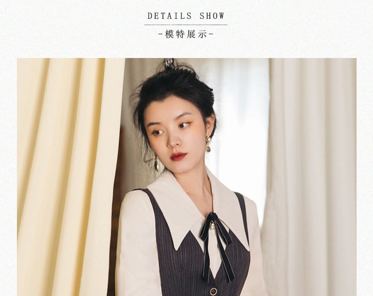 Set: Long-Sleeve Collared Plain Blouse + V-Neck Button-Up Midi A-Line Pinafore Dress + Bow Brooch + Belt