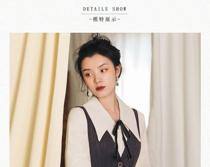 Set: Long-Sleeve Collared Plain Blouse + V-Neck Button-Up Midi A-Line Pinafore Dress + Bow Brooch + Belt