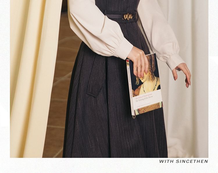 Set: Long-Sleeve Collared Plain Blouse + V-Neck Button-Up Midi A-Line Pinafore Dress + Bow Brooch + Belt