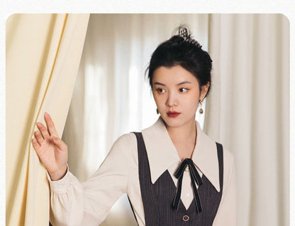 Set: Long-Sleeve Collared Plain Blouse + V-Neck Button-Up Midi A-Line Pinafore Dress + Bow Brooch + Belt