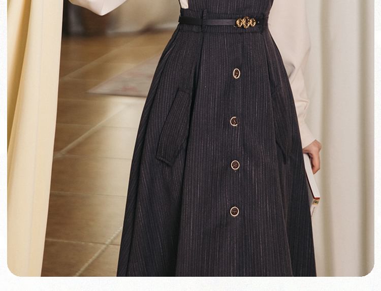 Set: Long-Sleeve Collared Plain Blouse + V-Neck Button-Up Midi A-Line Pinafore Dress + Bow Brooch + Belt