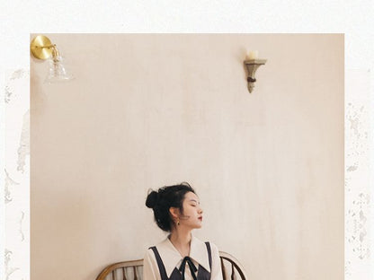 Set: Long-Sleeve Collared Plain Blouse + V-Neck Button-Up Midi A-Line Pinafore Dress + Bow Brooch + Belt