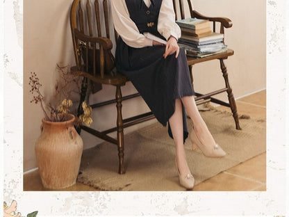 Set: Long-Sleeve Collared Plain Blouse + V-Neck Button-Up Midi A-Line Pinafore Dress + Bow Brooch + Belt