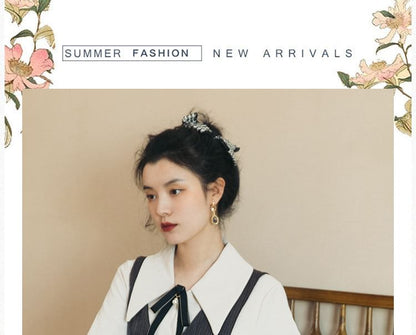 Set: Long-Sleeve Collared Plain Blouse + V-Neck Button-Up Midi A-Line Pinafore Dress + Bow Brooch + Belt