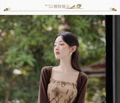 Spaghetti Strap Floral Print Frill Trim Smocked Midi A-Line Dress / Stand Collar Button-Up Plain Faux Leather Crop Jacket / Set