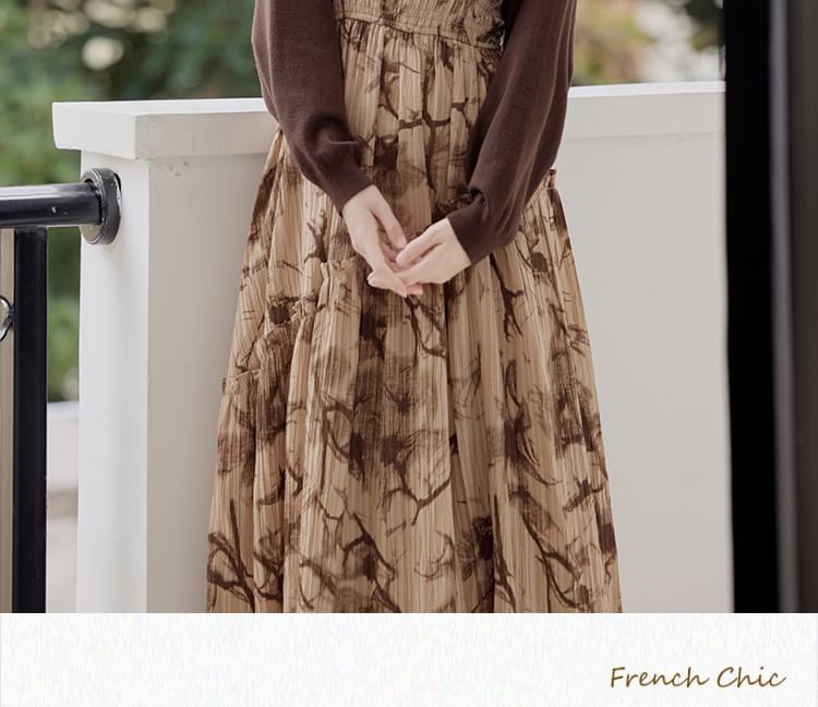 Spaghetti Strap Floral Print Frill Trim Smocked Midi A-Line Dress / Stand Collar Button-Up Plain Faux Leather Crop Jacket / Set