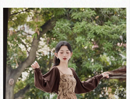 Spaghetti Strap Floral Print Frill Trim Smocked Midi A-Line Dress / Stand Collar Button-Up Plain Faux Leather Crop Jacket / Set