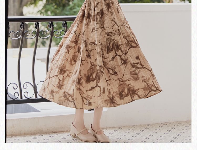 Spaghetti Strap Floral Print Frill Trim Smocked Midi A-Line Dress / Stand Collar Button-Up Plain Faux Leather Crop Jacket / Set