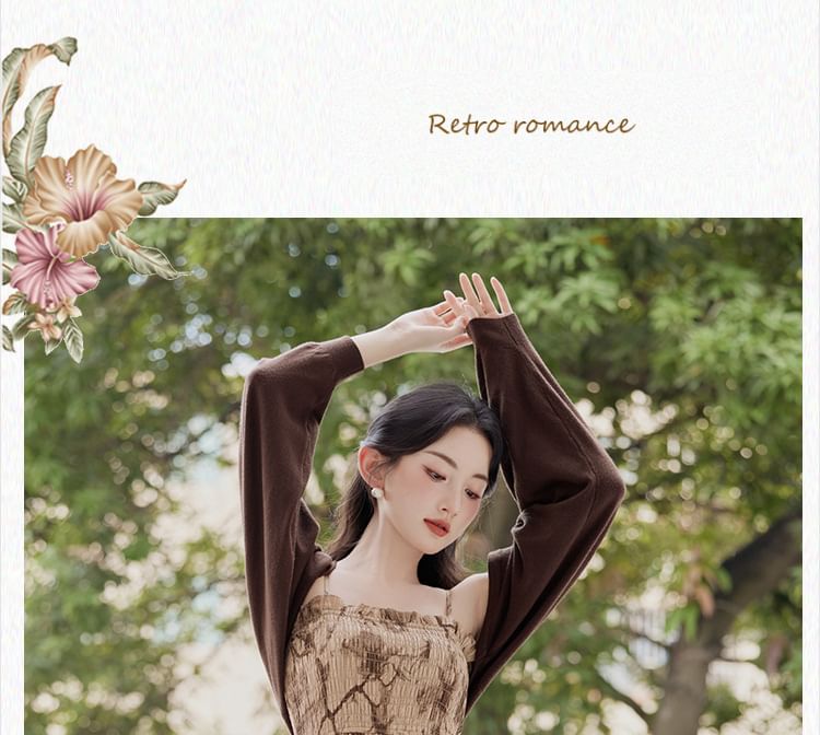 Spaghetti Strap Floral Print Frill Trim Smocked Midi A-Line Dress / Stand Collar Button-Up Plain Faux Leather Crop Jacket / Set