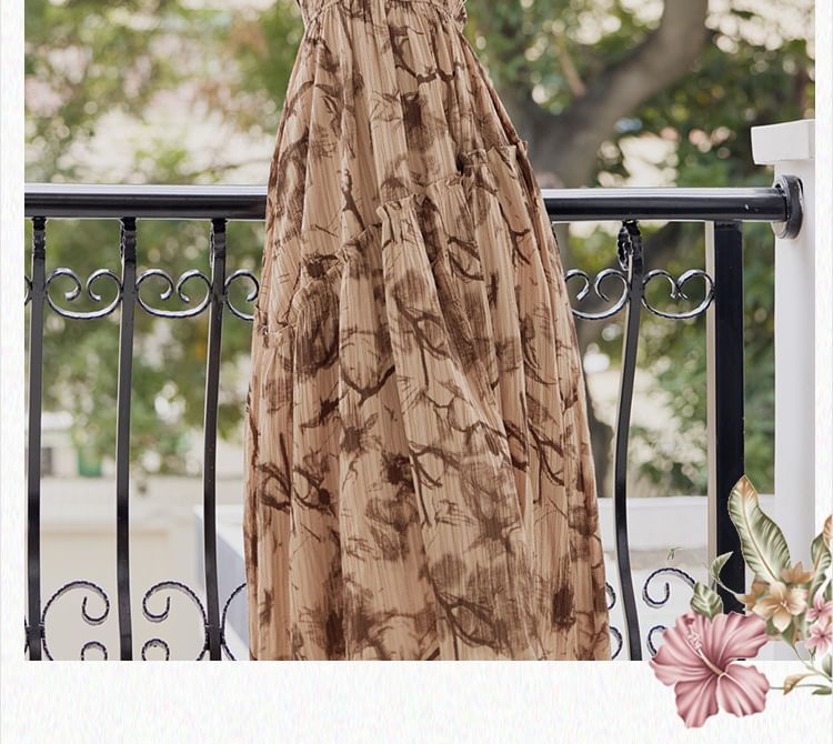 Spaghetti Strap Floral Print Frill Trim Smocked Midi A-Line Dress / Stand Collar Button-Up Plain Faux Leather Crop Jacket / Set