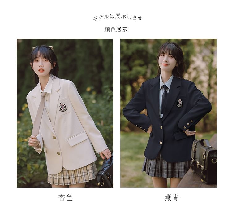 Notch Lapel Embroidered Single-Breasted Blazer / High Rise Plaid Pleated Mini A-Line Skirt / Long-Sleeve Plain Shirt / Necktie / Set