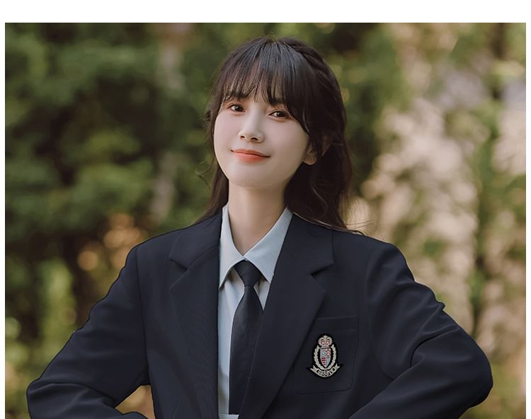 Notch Lapel Embroidered Single-Breasted Blazer / High Rise Plaid Pleated Mini A-Line Skirt / Long-Sleeve Plain Shirt / Necktie / Set