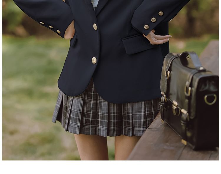 Notch Lapel Embroidered Single-Breasted Blazer / High Rise Plaid Pleated Mini A-Line Skirt / Long-Sleeve Plain Shirt / Necktie / Set