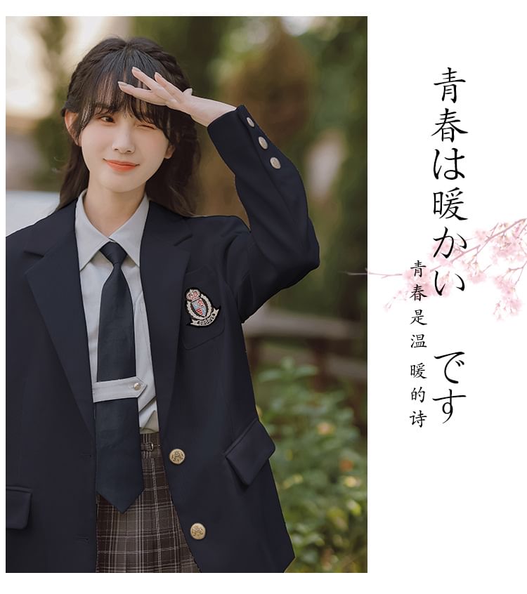 Notch Lapel Embroidered Single-Breasted Blazer / High Rise Plaid Pleated Mini A-Line Skirt / Long-Sleeve Plain Shirt / Necktie / Set