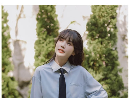 Notch Lapel Embroidered Single-Breasted Blazer / High Rise Plaid Pleated Mini A-Line Skirt / Long-Sleeve Plain Shirt / Necktie / Set