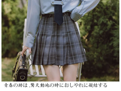 Notch Lapel Embroidered Single-Breasted Blazer / High Rise Plaid Pleated Mini A-Line Skirt / Long-Sleeve Plain Shirt / Necktie / Set