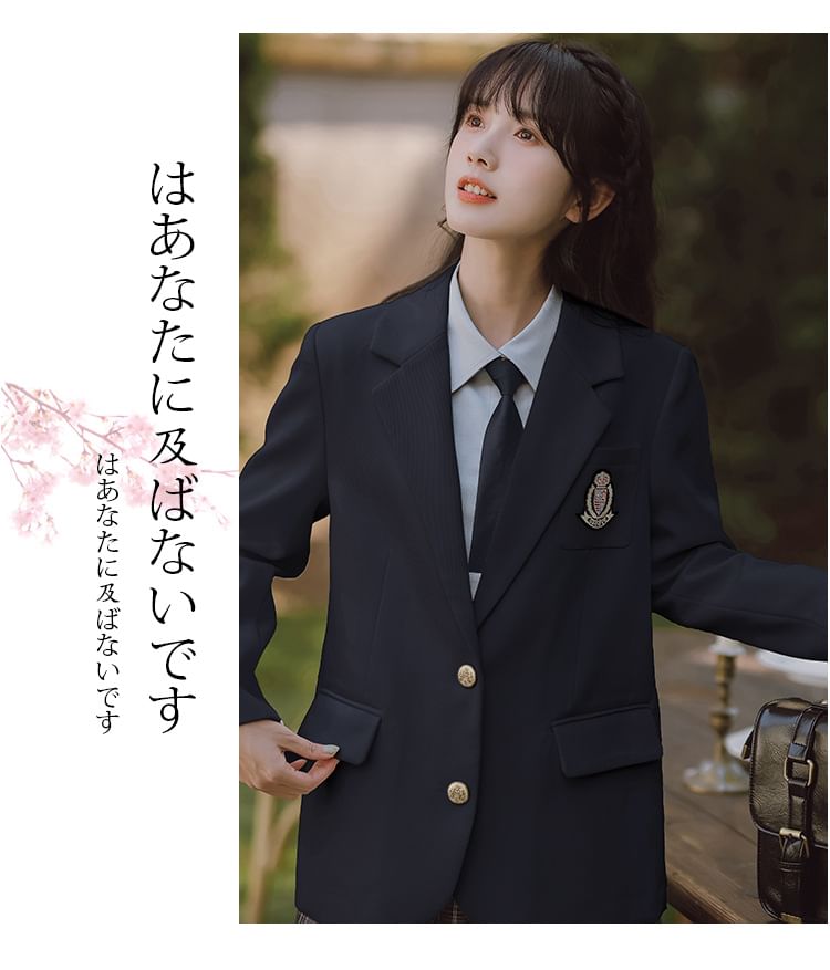 Notch Lapel Embroidered Single-Breasted Blazer / High Rise Plaid Pleated Mini A-Line Skirt / Long-Sleeve Plain Shirt / Necktie / Set