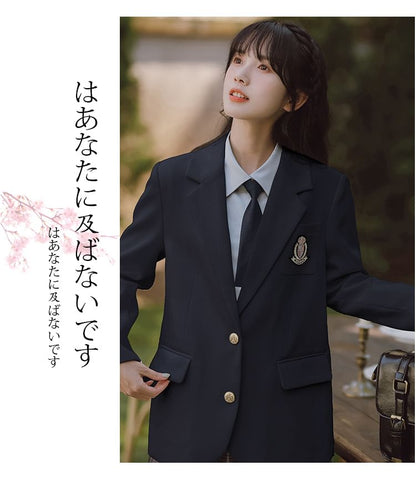 Notch Lapel Embroidered Single-Breasted Blazer / High Rise Plaid Pleated Mini A-Line Skirt / Long-Sleeve Plain Shirt / Necktie / Set