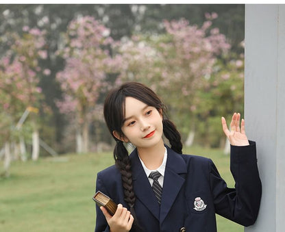 Notch Lapel Embroidered Double-Breasted Crop Blazer / Plain Pleated Midi A-Line Pinafore Dress / Long-Sleeve Shirt / Set