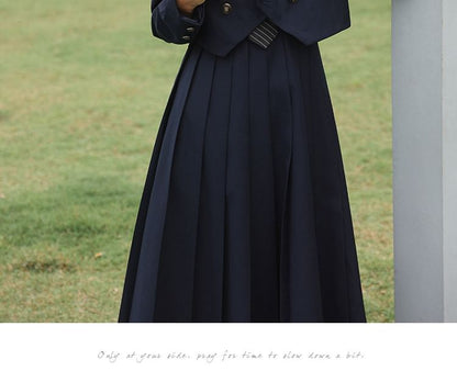 Notch Lapel Embroidered Double-Breasted Crop Blazer / Plain Pleated Midi A-Line Pinafore Dress / Long-Sleeve Shirt / Set