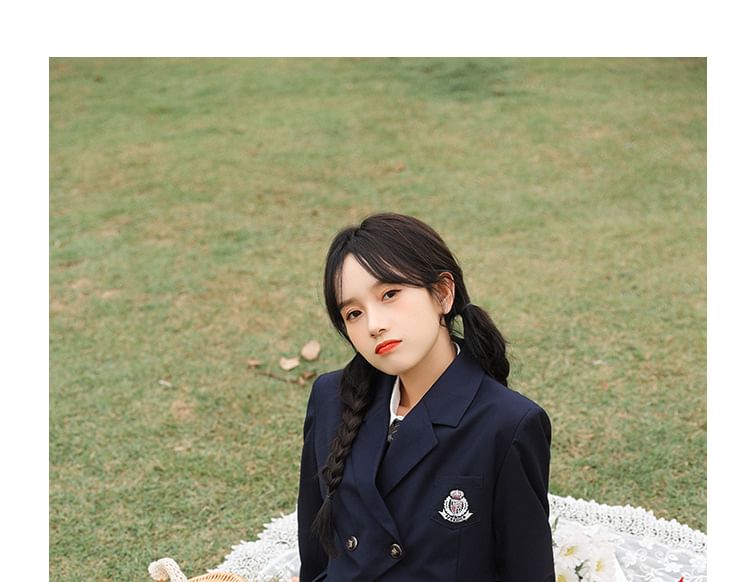 Notch Lapel Embroidered Double-Breasted Crop Blazer / Plain Pleated Midi A-Line Pinafore Dress / Long-Sleeve Shirt / Set