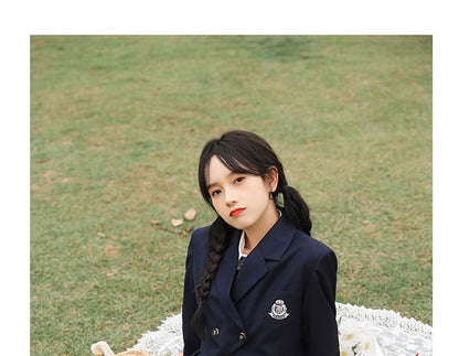 Notch Lapel Embroidered Double-Breasted Crop Blazer / Plain Pleated Midi A-Line Pinafore Dress / Long-Sleeve Shirt / Set