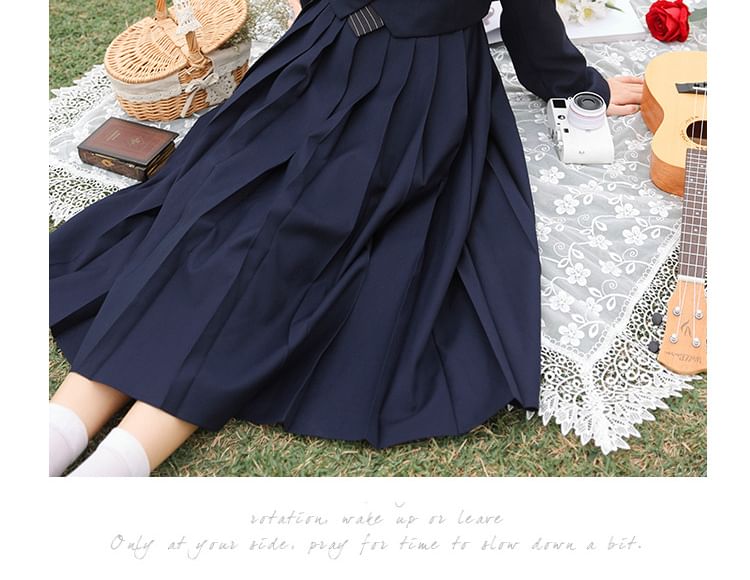 Notch Lapel Embroidered Double-Breasted Crop Blazer / Plain Pleated Midi A-Line Pinafore Dress / Long-Sleeve Shirt / Set