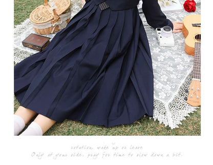 Notch Lapel Embroidered Double-Breasted Crop Blazer / Plain Pleated Midi A-Line Pinafore Dress / Long-Sleeve Shirt / Set