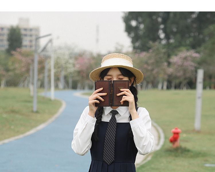 Notch Lapel Embroidered Double-Breasted Crop Blazer / Plain Pleated Midi A-Line Pinafore Dress / Long-Sleeve Shirt / Set