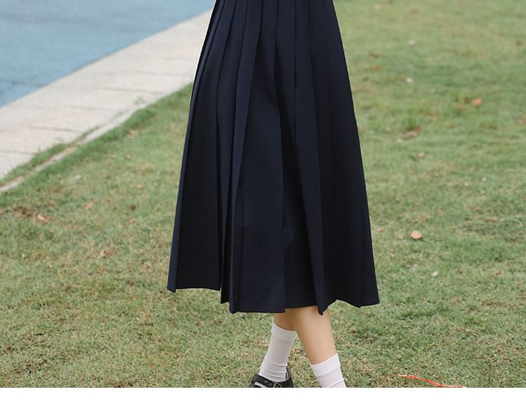 Notch Lapel Embroidered Double-Breasted Crop Blazer / Plain Pleated Midi A-Line Pinafore Dress / Long-Sleeve Shirt / Set